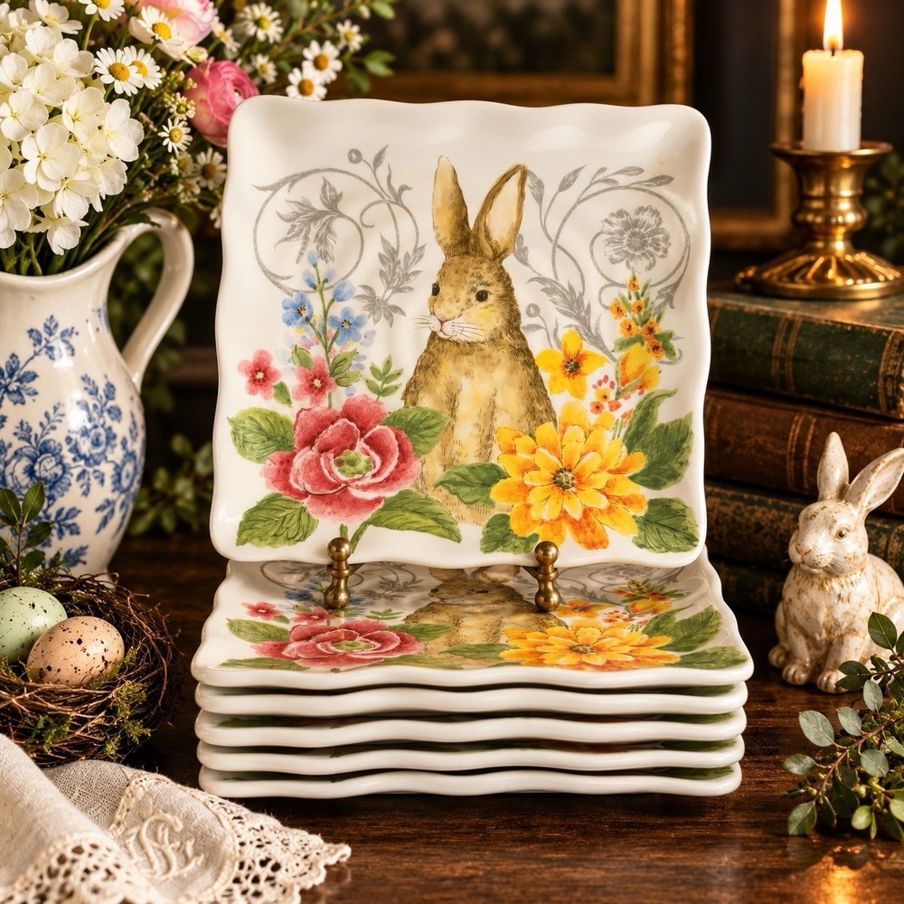 Maxcera Spring Collection Bunny Rabbit Floral 8.5" Plates Set of 6 Easter